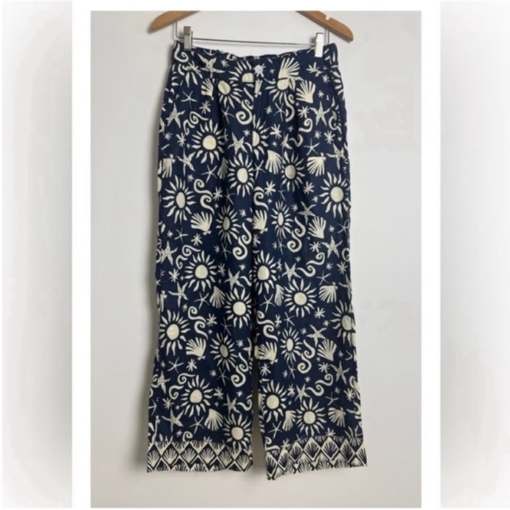 C&C California Blue and Cream Floral Wide Leg Pants